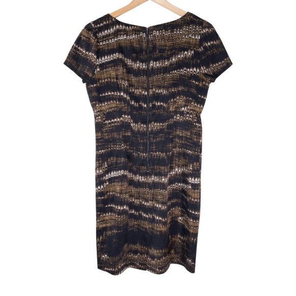 Elie Tahari Sheath Dress Size 10 Navy Gold Abstract Print Short Sleeve Womens - Picture 4 of 6
